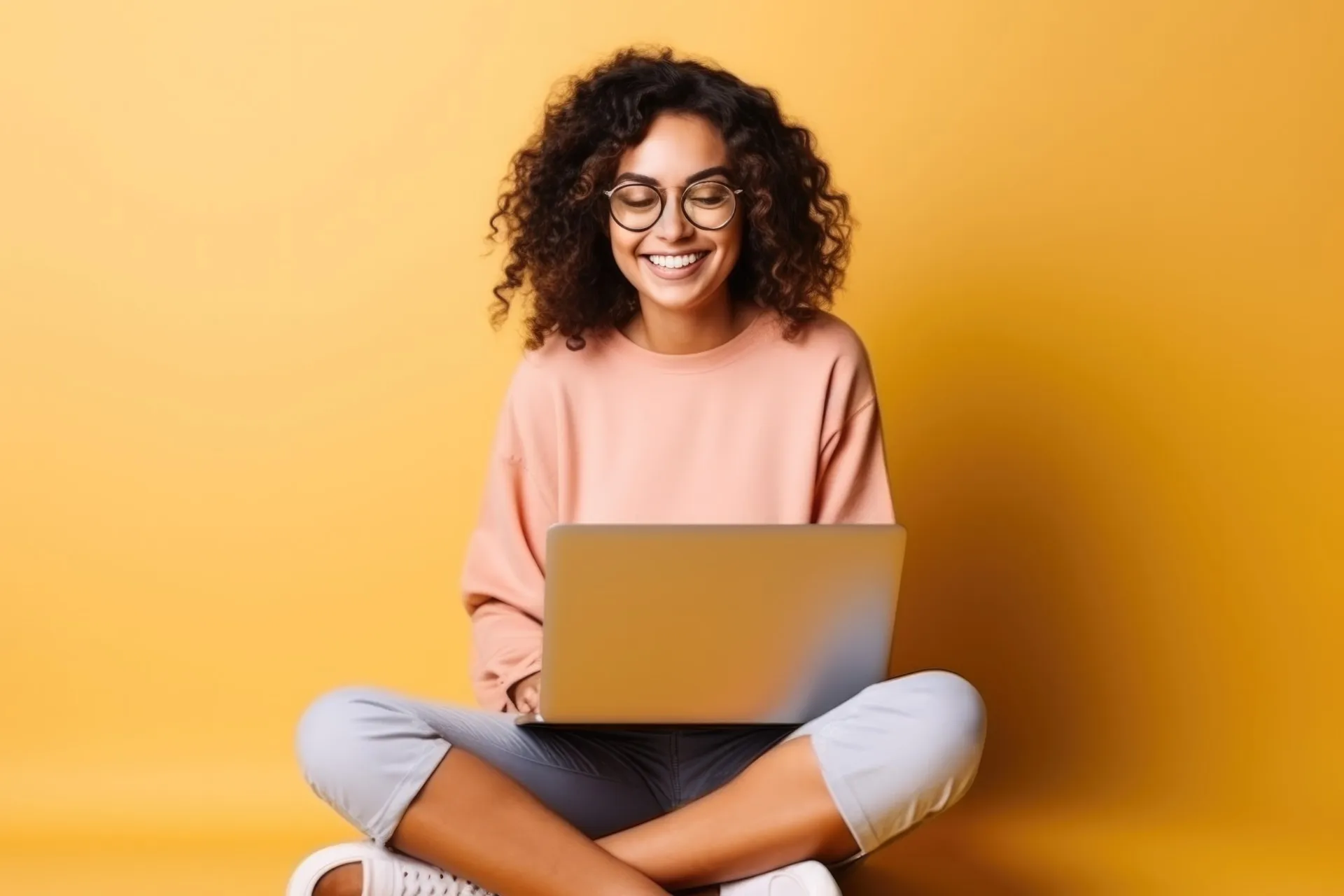 Mujer sonriendo mientras trabaja en un laptop en un espacio creativo
