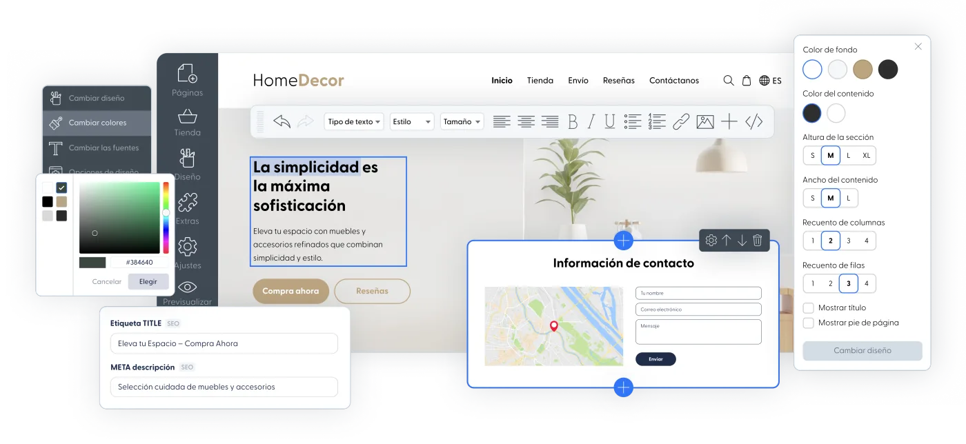 Editor visual de miwebsite.co para crear páginas web, con opciones de diseño, colores y SEO